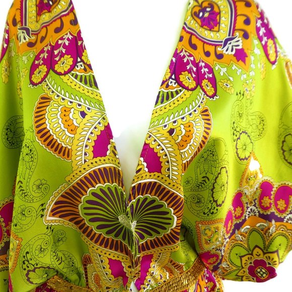 SOLD Evolve Kimono Top Sequin Waist Lime Pink  Butterfly Lotus New Age USA - Picture 10 of 10